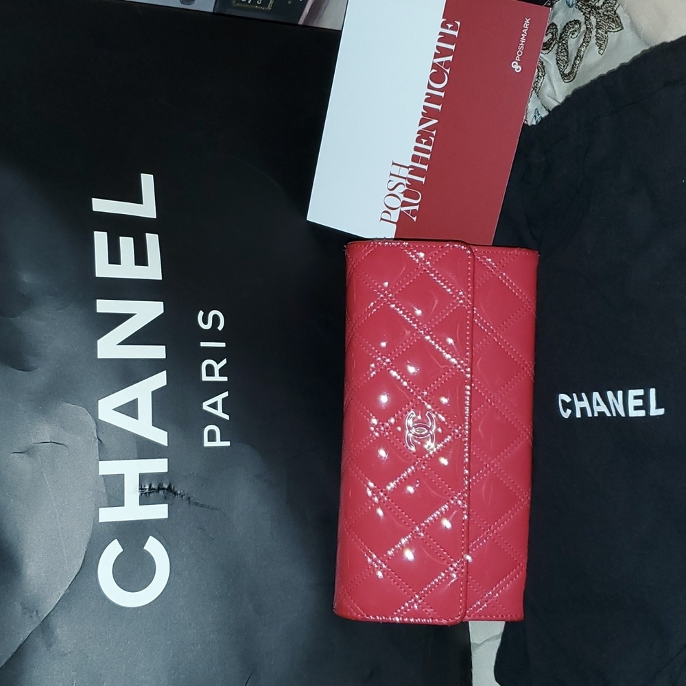 EUC Chanel long flap wallet in patten Hot Pink.